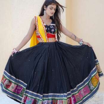 Black Dola Silk Chaniya Choli with Vintage Blouse & Gamthi Patch Work