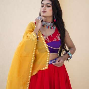 Rayon Chaniya Choli with Sleeveless Vintage Blouse & Mirror Work Organza Dupatta