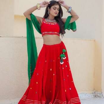 Red Rayon Chaniya Choli with Mirror Work Blouse & Green Chiffon Dupatta