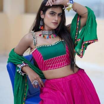 Pink Cotton Chaniya Choli with Mirror Work Blouse & Green Chiffon Dupatta