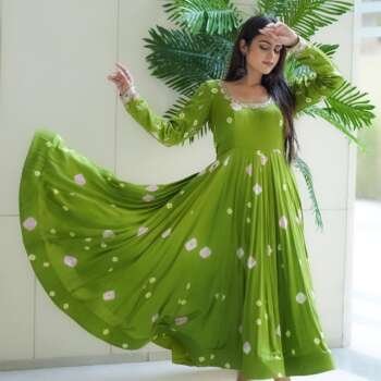 Stylish Modal Silk Anarkali Dress with Bandhani Print & Khatli Work