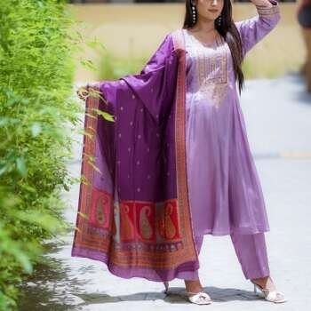 Dola Silk A-Line Princess Cut Dress with Khatli Work (Full 3-Piece Set)