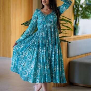 Printed Chinon Chiffon A-Line Dress with Work