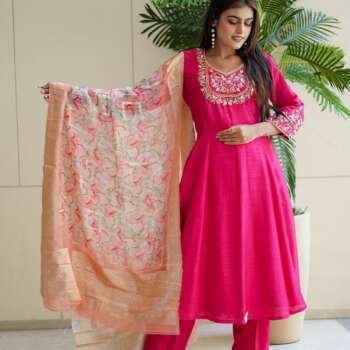 Dola Silk A-Line Princess Cut Dress with Khatli Work (Full 3-Piece Set)