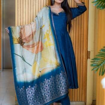 Dola Silk A-Line Princess Cut Dress with Khatli Work (Full 3-Piece Set)