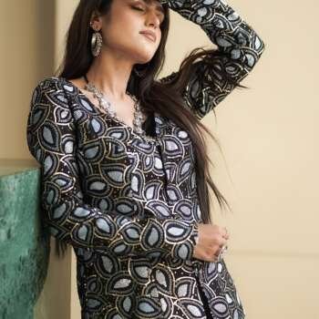 Modal Silk Crop Top, Palazzo & Jacket with Sequins Work (3-Piece Set)