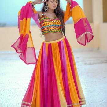 Chiffon Chaniya Choli with Multicolor Cotton Mirror Work Blouse