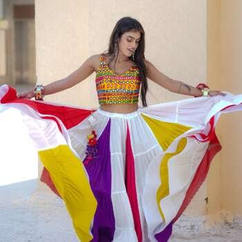Multicolour Dola Silk Chaniya Choli with Mirror Work & Aari Work Dupatta