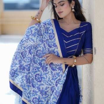 Dola Silk Chaniya Choli with Mal Printed Dupatta & Blue Border